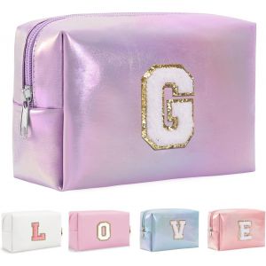 MAA-Organisateur de Trousse de Maquillage en Cuir PU 26 Lettres Laser Pochette cosmétique Grande capacité Trousse de Toilette de Voyage Femmes Filles Cadeaux d'anniversaire Sac de Rangement - Neuf