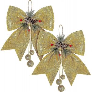 2pcs D&eacute;corations D'arc De No&euml;l,Arcs De Couronnes D'or,Grand Arc D'arbre De No&euml;l,N?Uds Papillon &Agrave; Paillettes - Neuf