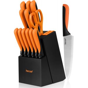 Couteau Cuisine,13 Pièces Bloc De Couteaux Avec Affûteur Intégré,Set Couteau Cuisine En Acier Inoxydable Avec Couteaux À Steak,Ciseaux De Cuisine (Orange) - Neuf