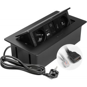 Prise encastrable Multisoft noire avec 2 prises de courant avec terre, USB A+C, RJ45, HDMI 2.0, escamotable avec couvercle, c&acirc;ble de 1,5 m, id&eacute;ale pour la cuisine, le bureau ou la table de - Neuf