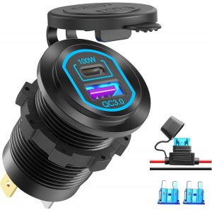 Prise Usb C 12 Volts Port Usb Pd 100W Pour Ordinateur Portable Et Prise Chargeur De Voiture Qc3.0 18W Alliage D'Aluminium,Charge Rapide Montage Encastr&eacute; Remplacement De L'Allume-Cigare Accessoire Di - Neuf