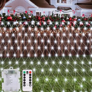 JGD-Filet lumineux de jardin 1,5 m x 1,5 m avec piles 100 LED, &eacute;tanche IP65, 8 modes, minuteur &agrave; distance, intensit&eacute; variable, pour broussaille, terrasse, cl&ocirc;ture, mur, f&ecirc;te, mariage, d&eacute;coration de N - Neuf