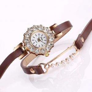 Duoya Femmes Faux Perle Strass Bracelet Montre-Bracelet Cha&icirc;ne Robe Montre &Agrave; Quartz (Marron) - Neuf