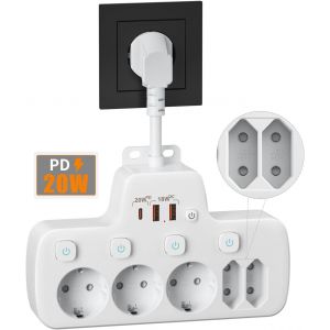SJZG-Pd20W Multiprise Avec Interrupteur Individuel, Prise Multiple Avec Usb, Multiprise Murale 5 Prises Avec Charge Rapide Pd20W Et Qc18W Multiprise Electrique Parafoudre Pour Bureau De Cuisine, Blan - Neuf