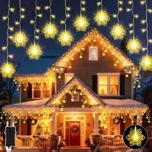JGD-Guirlande Lumineuse d'ext&eacute;rieur, 10M 240LED Guirlande Lumineuse Flocons de Neige Blanc Chaud avec Minuterie, 8 Modes Alimentation Secte Imperm&eacute;able pour Toit, Garde-corps, Avant-toit, V&eacute;randa - Neuf
