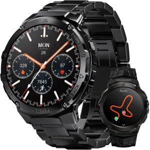GPS Montre Connectée Homme -480mAh Batterie de Grande Capacité 50M Étanche, Boussole Altimètre Appel 1.43"" AMOLED Toujour Activé, Smartwatch Acier Inoxydable Fréquence Cardiaque - Neuf