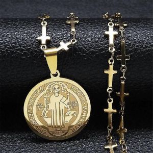 Catholique Saint Beno&icirc;t M&eacute;daille Collier En Acier Inoxydable Pour Femmes Hommes Couleur Or J&eacute;sus Croix Cha&icirc;ne Bijoux San Benito N7913gds02 - Neuf