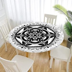 Protège Table Elastiqué Rond Nappe Anti-Taches Pour La Maison Patio Deck Table À Thé Cuisine Salle À Manger Décoration De Mariage De Fête (150cm,Noir Et Blanc) - Neuf