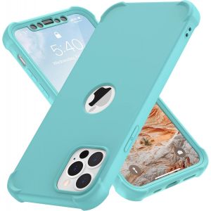 Kal-Coque Pour Iphone 12 Pro Max + 2 Pièces Verre Trempé Protection Écran, 2 En 1 Antichoc Souple Silicone Tpu Arrière Rigide Pc Avant Housse De Protection Pour Iphone 12 Pro Max 6,7"" Vert Menthe - Neuf