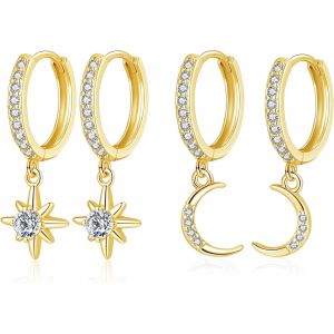 Kal-Boucles D'oreilles Créoles En Argent 925 Avec Pendentif, Boucles D'oreilles Pendantes En Argent Sterling 925 Avec Lune Et Étoile, Boucles D'oreilles Créoles Pendantes Pour Femme Et Fille - Neuf