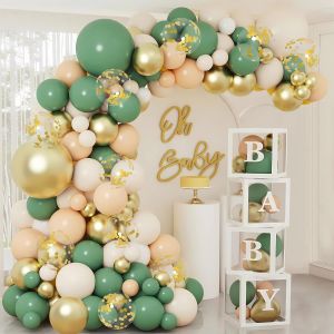 LETNERNY-136 Pi&egrave;ces D&eacute;corations De F&ecirc;te Pr&eacute;natale Pour Gar&ccedil;on Et Fille, Bo&icirc;tes &Agrave; Ballons, Kit D'Arc De Ballons Vert Sauge Et Or, 4 Bo&icirc;tes Pour F&ecirc;te Pr&eacute;natale, Bapt&ecirc;me, R&eacute;v&eacute;lation Du Genre, Anniversai - Neuf