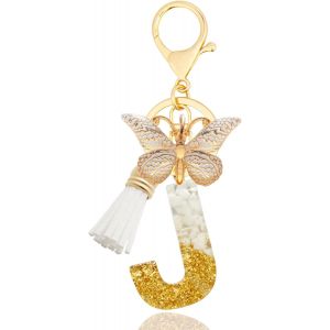 KAL-Porte-Clés Avec Lettre, Keychains Lettre Avec Papillons Pompon Pendentif, Alphabet Porte-Clés, Porte-Clés Initiale Pour Femmes Filles Sac À Main Bagages Décoration - Neuf