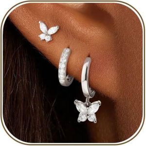 Chenquansarl-3 Paires Boucles D'oreilles Argent 925 Pour Femme Fille Plaqu&eacute;e Or 14k Boucle D'oreille Zirconium Papillon Creoles Piercing Oreille Cartilage Helix Clous D'oreilles Pour Piercings Multip - Neuf