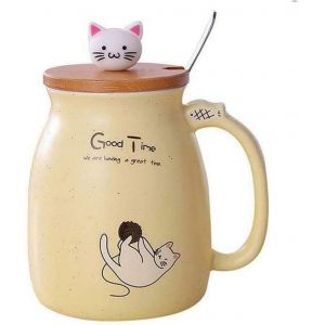 Eryi-- Tasse En Céramique De Chat Mignon Avec Cuillère Et Couvercle En Bois De Chat En Trois Dimensions, Tasse À Café, Tasse À Thé, Tasse À Lait Pour Le Cadeau, Jaune 450ml/15oz - Neuf