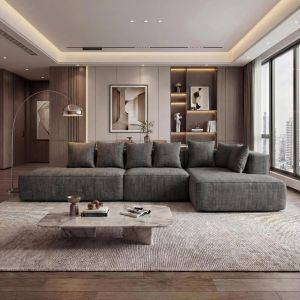 Ensemble de canap&eacute;s HWC-Q28, canap&eacute; en L, canap&eacute; de salon, tissu chenille (270 g/m&sup2;), partie couchage &agrave; droite 60 x 310 x 150 cmgris fonc&eacute; - Neuf