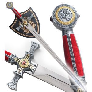 Epee Templier Epee Chevalier Epee des Templiers Version Rouge + Presentoir en Bois - Neuf