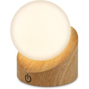 Mini Lampe De Table Led Sans Fil Ip54 Avec Touche, Variateur Par Paliers, Batterie Et Source Interchangeables, Lampe De Chevet, Boule, Lampe Led, 10x8x9 Cm, Aspect Bois - Neuf