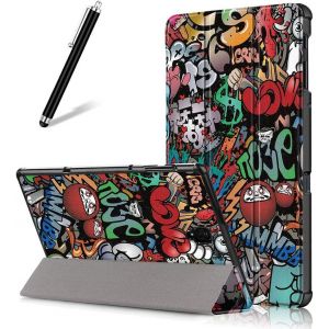 Kalanka-Coque Pour Samsung Galaxy Tab A 10.5 (2018) T590/T595,Étui À Rabat En Cuir Mince Léger Smart Avec Réveil/Veille Automatique,Flip Folio Magnétique Support Housse,Graffiti - Neuf