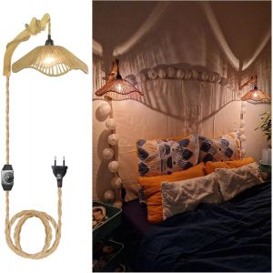 Subzonal-Applique Murale Rotin Boho, Lot De 2 Lampe Murale Interieur Bois Avec Interrupteur C&acirc;ble De Corde De Chanvre 3m Luminosit&eacute; Variable Luminaire Mural Chambre Vintage Rustique E27 Pour Salon Co - Neuf