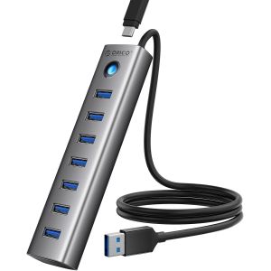 Hub USB 3.0, Aluminium Hub 7 Ports, avec câble de 100 cm, données USB Hub 5 Gbps, Port de Type C 5 V 3 A, répartiteur USB pour PC, Ordinateur Portable, MacBook, PS4, Surface Pro - Neuf