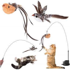 Subzonal-4 Pi&egrave;ces Jouet Chat Interactif, Interieur Jouets Pour Chats Avec Ventouse, 1 Canne &Agrave; P&ecirc;che Pour Chaton Avec 2 Oiseaux &Agrave; Clochettes, Jouets Intelligence Chat Baguette - Neuf