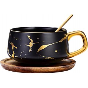 Eryi-Ensemble De Tasse À Thé En Porcelaine - Avec Sous-Tasse Et Cuillère - Pour La Maison, Les Restaurants - (1 Pièce), Noir, 300 Ml - Neuf