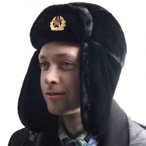 Chapeau De Trappeur Russe Avec Insigne Soviétique En Fausse Fourrure Ushanka Chapeau Cosaque Taille Unique Noir - Neuf