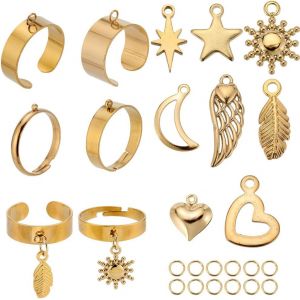 Kahfl-8 Set 36pcs Or Bagues Breloque Ensemble Acier Inoxydable Avec Charme Anneaux Pendants En Étoile En Métal Lune Coeur Pendantes Réglables Bague De Déclaration Mode Ouverte Pour Femmes Hommes - Neuf