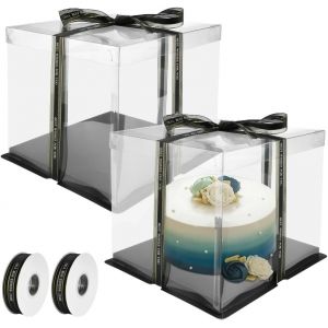 2 Pièces Boîtes À Gâteaux Transparente 8 Inch Boîte À Gâteaux En Plastique Avec Ruban Boîte D'emballage De Boulangerie Boîte À Gâteaux À Double Couche Boîte De Fête Mariage (26 * 26 * 18cm) - Neuf