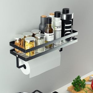 KAL-Étagère À Épices, Étagère À Épices Suspendue Avec Porte-Rouleau De Cuisine, Tiroir D'Organisation De Cuisine, Support Mural Sans Perçage, 35 Cm, Noir - Neuf