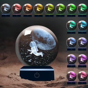 Astronaute 3D Et Boule De Cristal De Lune Avec Veilleuse Multicolore, Cristal K9 Mini Astronaute Volant Sur La Lune Mod&egrave;le, Cadeau Pour Enfants Amis Couple Anniversaire Festival - Neuf