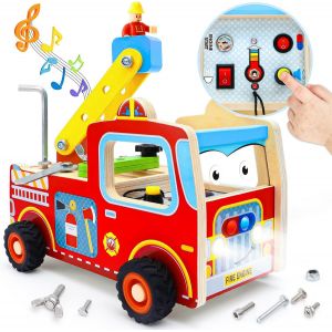ChenQuanSarl-Busy Board Montessori Jouet En Bois 1 2 3 4 Ans, Camion Pompier Planche Montessori Avec Lumi&egrave;re Sonore Changer Visseuse, Sensoriel Jouet En Bois Motricit&eacute; Fine Jeux Educatif Cadeau Gar&ccedil;o - Neuf