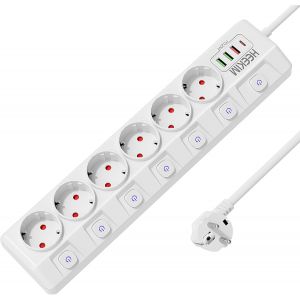 Power Strip 6 Sockets, 7 Switches, 3 Usb-A Ports And 1 Usb-C Port, Child Protection, Power Strip Extension Cord For Smartphone, Home, Office (4000W/16A) (2M Cord, White) - Neuf