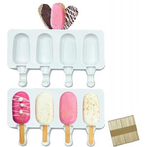 Kal-Lot De 2 Moules En Silicone À 4 Cavités, Réutilisables - Pour Jus De Fruits, Crème Glacée - Forme Ovale Classique, Anti-Adhésif, Avec 20 Bâtonnets En Bois - Neuf