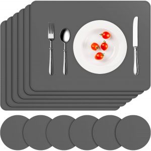 Eryi-Lot De 12 Sets De Table Lavable, 6 Pièces Sets De Tables Et 6 Pièces Dessous De Verres Pvc Set De Table, Antidérapant Imperméables Résistant À La Chaleur, 16"" X 12"", Gris - Neuf