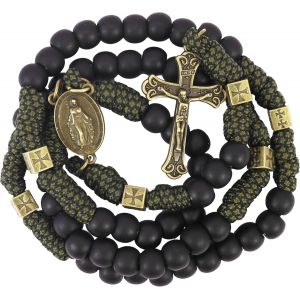 Heavy Duty Durable Antique Bronze Metal Paracord Rosary Necklace Matte Black Prayer Beads with Holy Medal Crucifix - Neuf