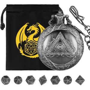 Sansh-Steampunk Triangle Un ?il Coquille De Montre De Poche, Lot De Mini Dés Dnd, 7 Pièces Dés D&d En Métal Polyédrique, Sac Cadeau Dnd Avec Logo Dragon, Accessoires De Jeux De Société De Rôle, Argen - Neuf