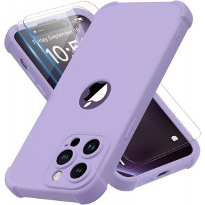 Maa-Coque Pour Iphone 14 Pro + 2 Pièces Verre Trempé Protection Écran, Antichoc Souple Silicone Tpu Arrière Rigide Pc Avant Housse De Protection Pour Iphone 14 Pro Case 6,1"" Lilas - Neuf