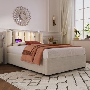 Lit coffre lit simple rembourré tête de lit espace de rangement lit d'adolescent 90x200 avec sommier à lattes naturel - Neuf