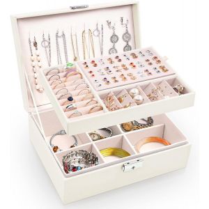 Boite a Bijoux Femme Fille, Bo&icirc;te &agrave; Bijoux Vuir PU 2 Couches Verrouillable pour Colliers, Boucles d'oreilles, Bracelets (Blanc) - Neuf