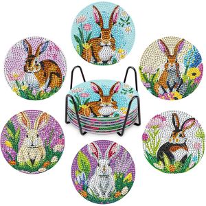 Oayew-6 Pi&egrave;ces Peinture Diamant Dessous De Verre, Lapin Diamond Painting Dessous De Verre Absorbants En Li&egrave;ge Et C&eacute;ramique Avec Support En M&eacute;tal Lapin Fleurs Diamant Dessous De Verre Dessous - Neuf