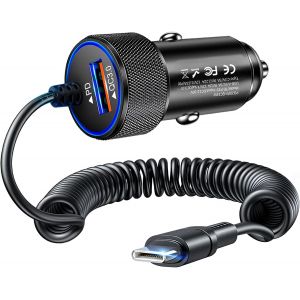 JGD-38W Chargeur de Voiture USB C, PD3.0 & QC3.0 Super Rapide Allume Cigare USB C Prise avec 1,4 M C&acirc;ble Compatible avec iPhone 16/15 Pro Max Samsung S24 S23 S22 S21 - Neuf