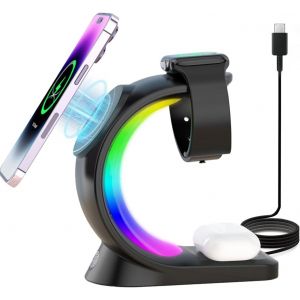 Chargeur sans fil pour iPhone d'Apple, 15 W 5 en 1 pour iPhone 15 14 13 12 et Apple Watch, Station de charge rapide avec RGB - Neuf