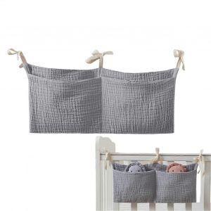 Sac De Rangement De Chevet Pour Bebe, Organiseur De Couches/Lit Bebe, Sac De Chevet Portable, Sac De Rangement En Coton Avec 2 Poches, Multi-Usages, Gris - Neuf