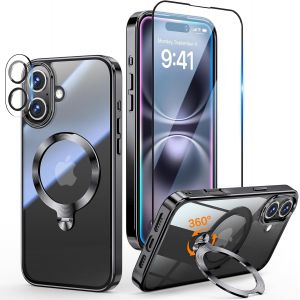 LORANKA-3 en 1 Coque pour iPhone 16 6.1"" [Coque Magn&eacute;tique Puissant pour MagSafe] [360&deg; CD Support Rolatif] [avec Protection Cam&eacute;ra & &Eacute;cran] Coque Antichoc &Eacute;lectroplaqu&eacute;e, Noir - Neuf