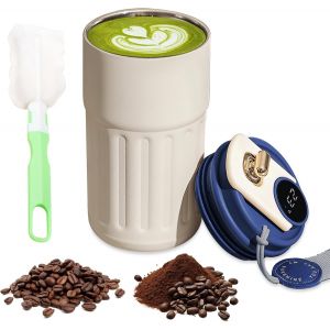 Kalanka-Mug Isotherme Avec Indicateur De Température Led, 450 Ml Tasse Isotherme, Thermos Cafe Isotherme, Tasse Isotherme Sans Bpa, Mug Cafe De Voyage Etanche (Blanc Avec Bleu) - Neuf