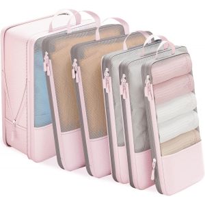 Lot De 6 Organisateur Val De Voyage, Packing Cubes Compression, Sacs De Rangement Avec Compression Pour Bagages &Agrave; Main, Rangement Val Ultral&eacute;ger Pour V&ecirc;tements (Rose, 3L+2M+1S) - Neuf
