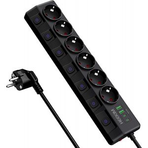 JGD-Multiprise 6 Prises, 7 Interrupteurs, 2 Ports USB-A et 2 Port USB-C, Protection Enfant, Rallonge Multiprises Electriques pour Smartphone, Maison, Bureau (4000W/16A) (Cordon de 2m, Noir) - Neuf