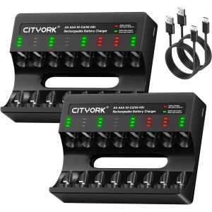 Lot de 2 chargeurs de batterie &agrave; 8 emplacements pour piles NiMH/NICD rechargeables AA AAA Micro USB Charge rapide avec affichage LED (lot de 2 chargeurs + emplacement ind&eacute;pendant) - Neuf