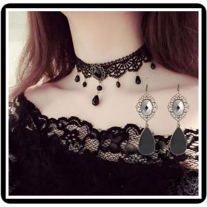 Cmjaagur-Parure Collier Et Boucles D'oreilles En Velours Cristal Gothique Collier Cha&icirc;ne Vampire Noir Ras Du Cou Ensemble De Bijoux Pour Femme[M2383] - Neuf